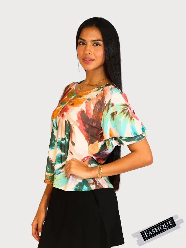 FASHQUE - Double Ruffle Bell Sleeves Scoop Neck DIGITAL PRINT Top - T2560