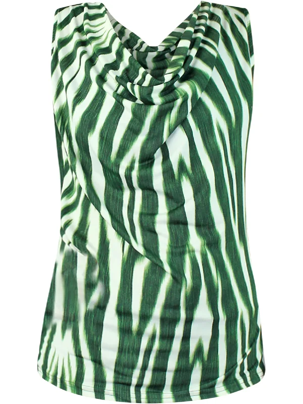 Green White Zebra Print Draped Neckline Sleeveless Top Size Small