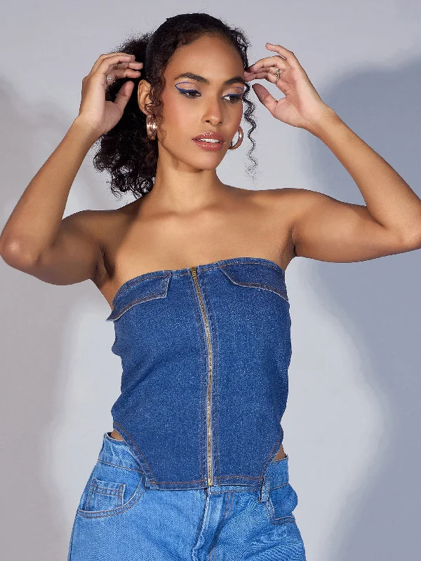 Lowest Price Women Blue Denim Zipper Tube Top