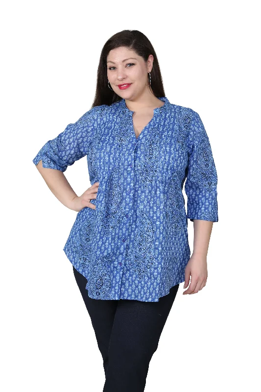 Plus Size Blue Paisley Pleated Tunic