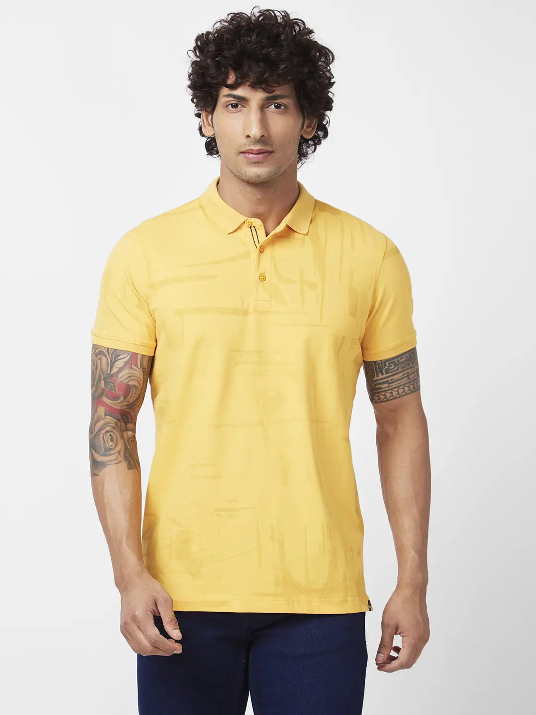 Referral Discount Spykar Men Amber Yellow Blended Slim Fit Half Sleeve Polo Neck Plain Tshirt