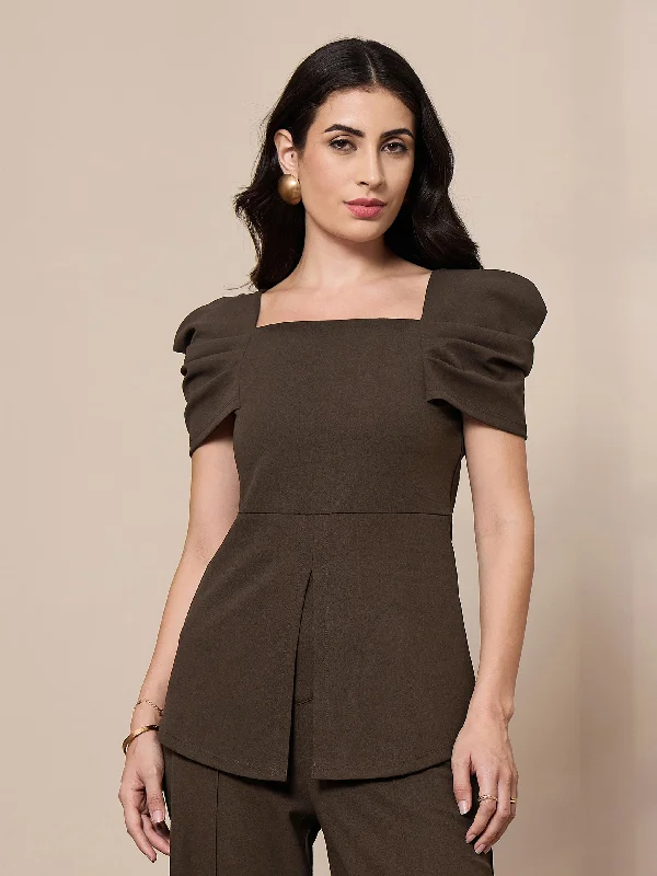 Weekend Deal Women Brown Square Neck Peplum Top