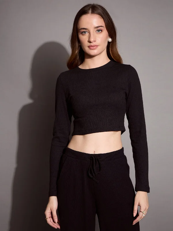 Weekend Offers That Dazzle Women Black Rib Full Sleeve Crop Top