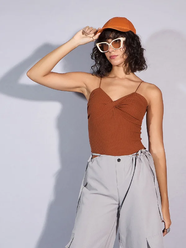 Big Deal Women Brown Rib Front Twist Bodysuit