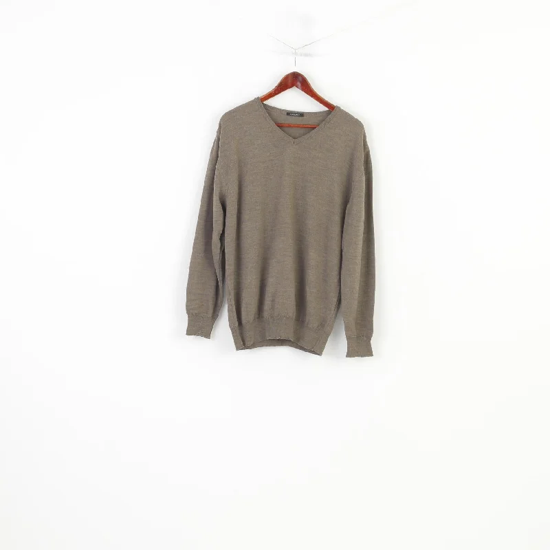 Final Clearance Rene Lezard Men 54 XL Jumper Brown Grey  Merino Wool Made in Italy Sweater V Neck Vintage Top