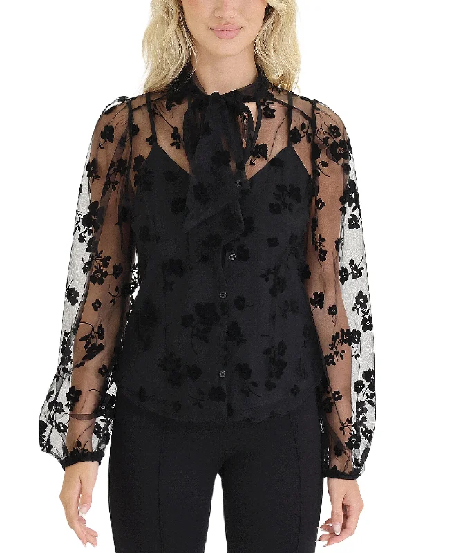Super Deal Flocked Floral Sheer Blouse