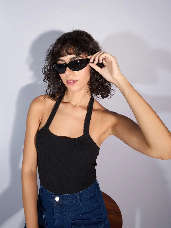 Weekend Extravaganza: Shop Now Women Black Rib Halter Neck Top