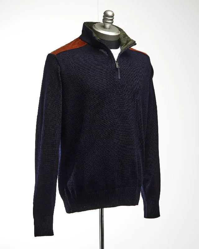 Exclusive Savings Navy Wool Half Zip Sweater With Velvet Details