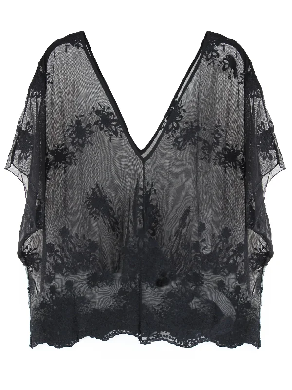 Sheer Black V-Neck Lacey Lightweight Beach Cover Up