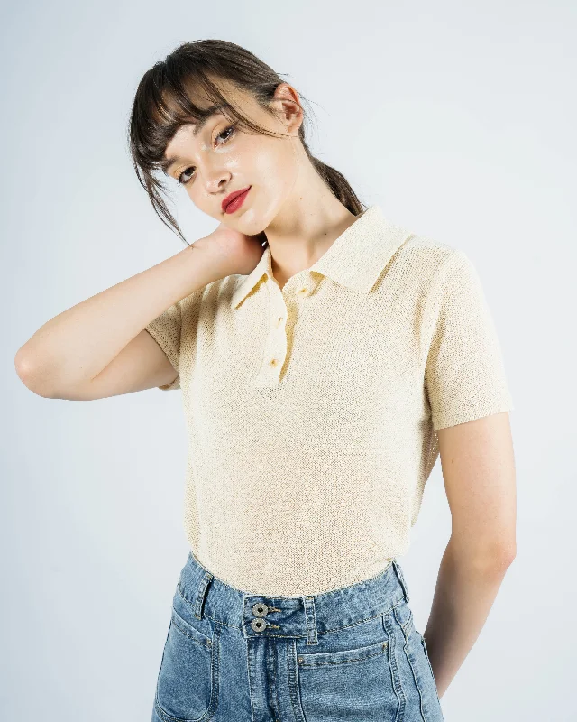 Sale Event Crochet Short Sleeve Polo Shirt (Beige)
