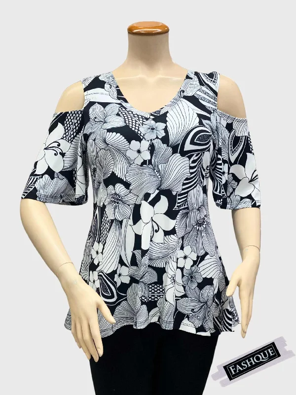 FASHQUE - V NECK OFF SHOULDER SHORT SLEEVES DRESSY CASUAL TOP  - T2071-8050