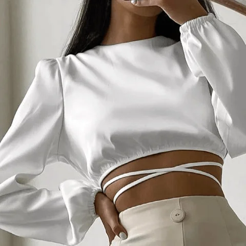 Satin White Long Sleeve Top