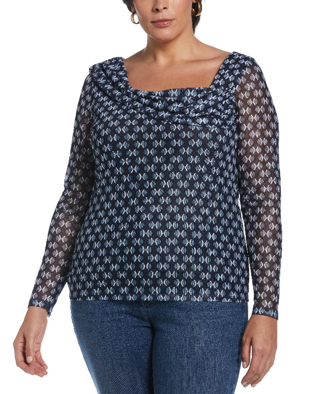 Now or Never Plus Size Printed Mesh Drape Neck Top
