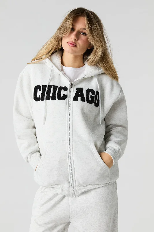 Chenille Embroidered Faux Fur Lined Fleece Hoodie