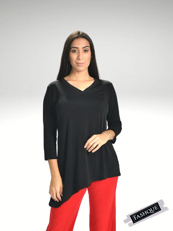 FASHQUE - V - Neck Asymmetrical 3/4 Sleeve Tunic Top- T564