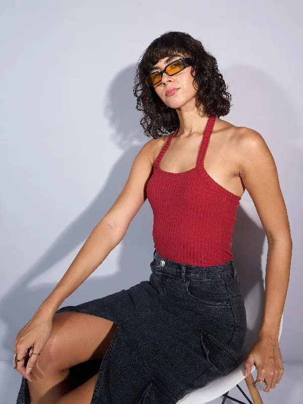 Weekend Deals That Sparkle Women Rust Rib Halter Neck Top