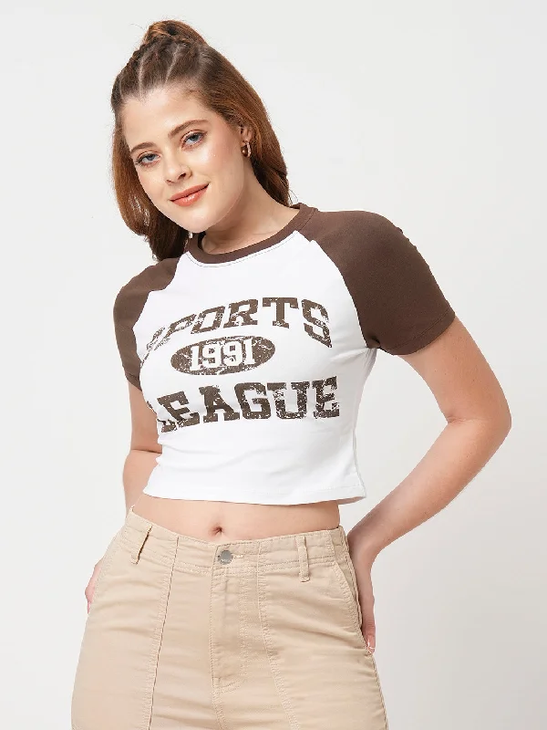 Women Slim Fit White/Brown Genz T-Shirt