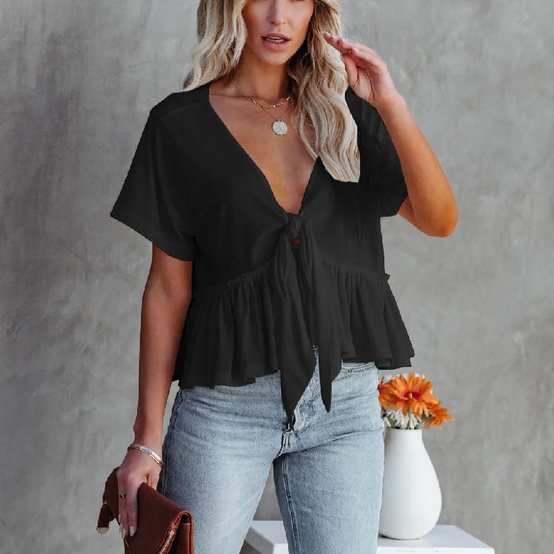 Solid Color Loose Short Sleeve Tieback Ruffles Women'S Tops Casual Wholesale T Shirts