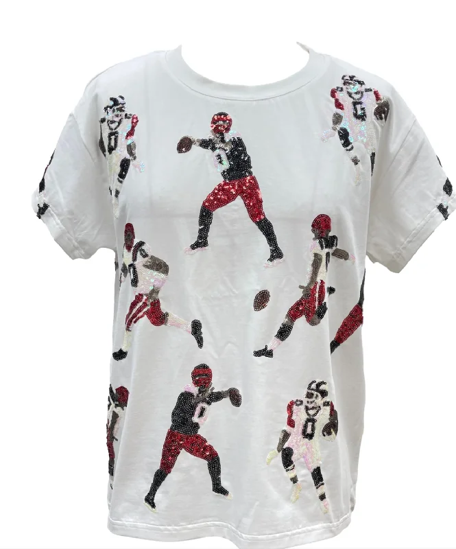 Queen of Sparkles Scattered Football Players Tee - WHITE/RED & BLACK