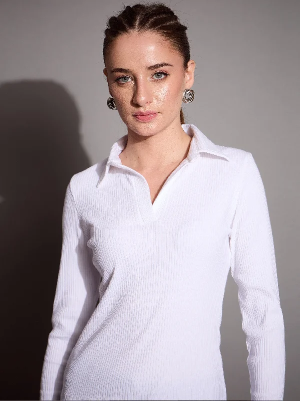 Weekend Bargains to Indulge In Women White Rib Polo Neck Top