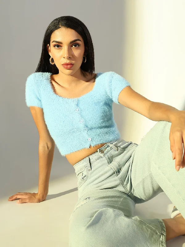 Take Action Women Blue Solid Crop Top