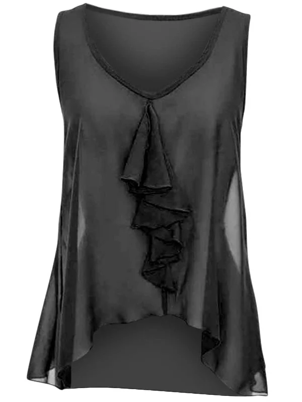 Black Sleeveless Sheer Ruffled Top Size Small