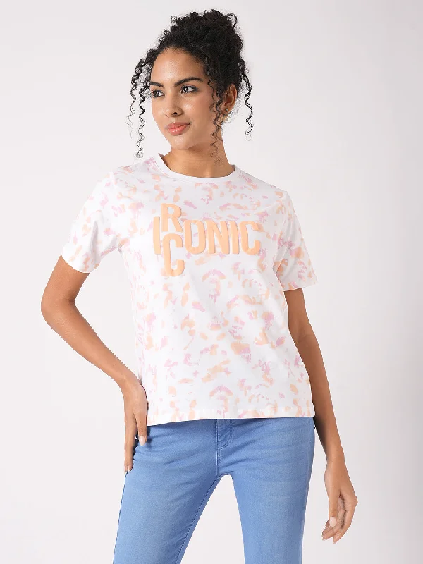 Women Slim Fit Orange/Peach Tie & Dyed Boxy T-Shirt Chest Print