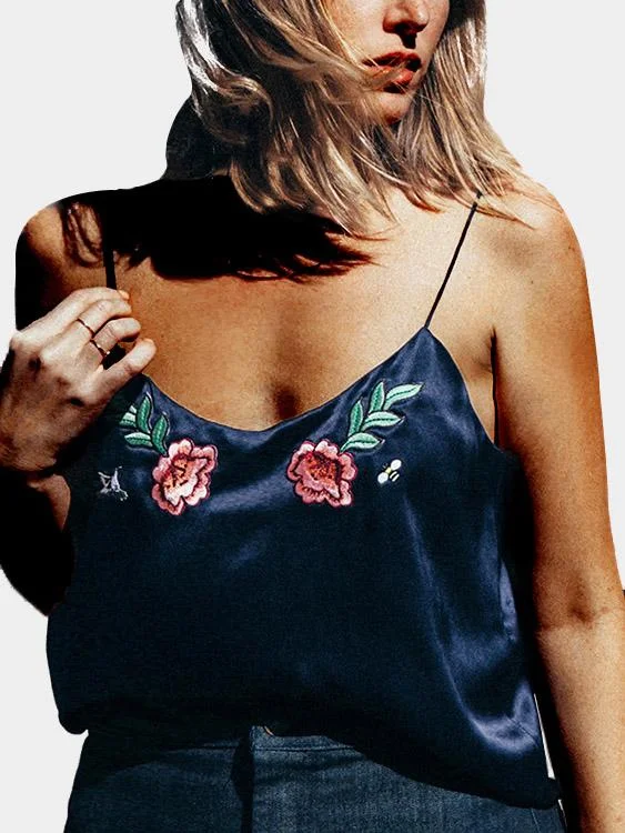 Custom V-Neck Embroidered Backless Sleeveless Navy Camis