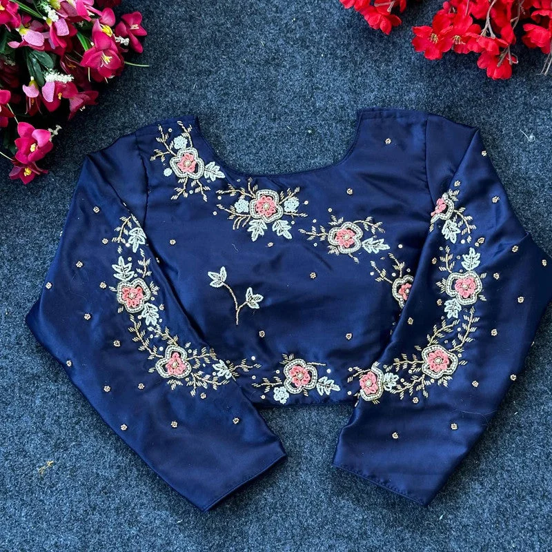 Stock Up Women's Navy Blue Colour Silk Readymade Blouse