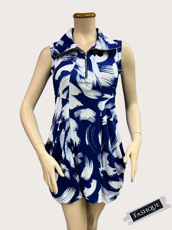 FASHQUE - Sleeveless Tunic Kangaroo Pocket Zipper front DIGITAL PRINT - DRESS/TUNIC with Collar - T2626