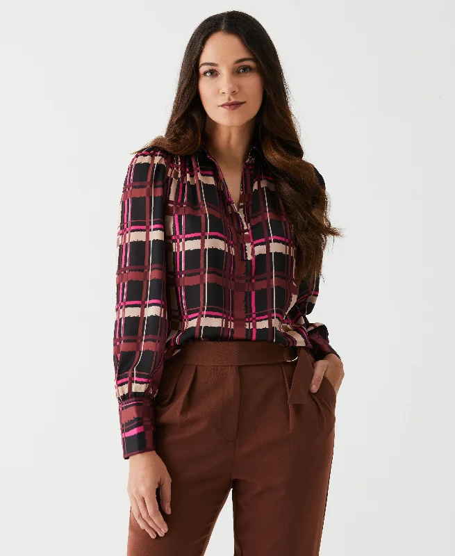 Weekend Deals That Thrill Petite Plaid Shirred Split Neck Blouse