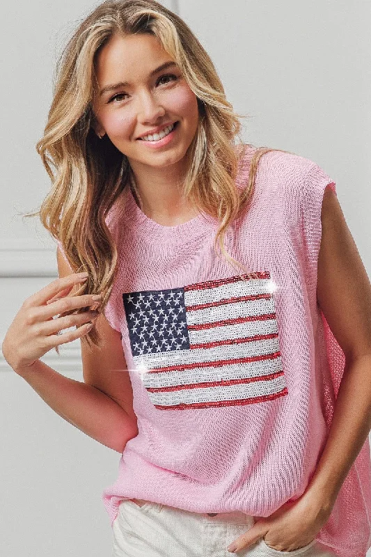 Pink American Flag Sequin Knit Top