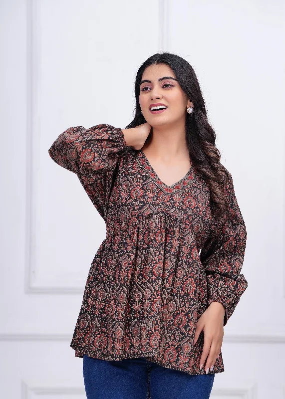 Weekend Savings Spectacle Black Ethnic Printed Peplum TunicFor Women