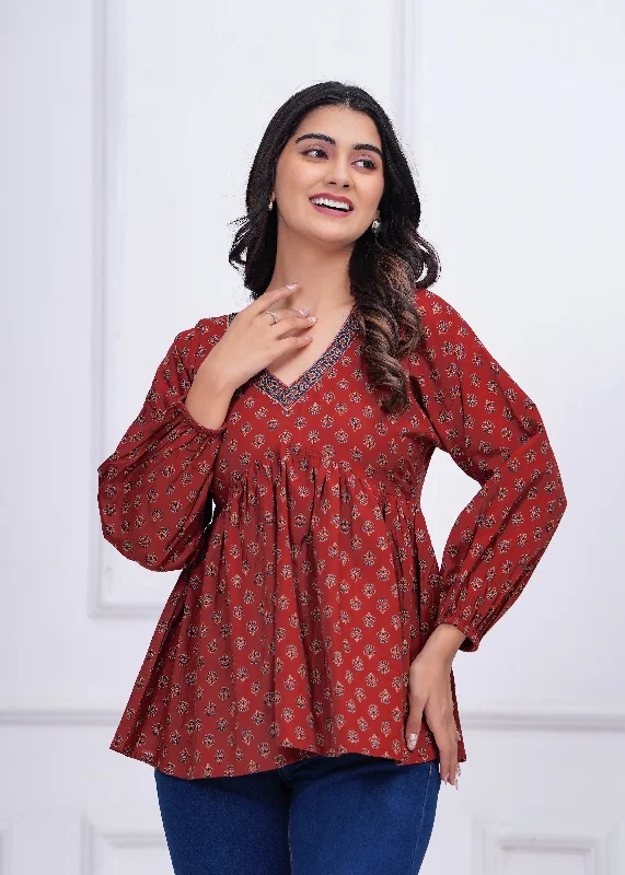 Shop and Save Women Maroon Printed Peplum Tunic