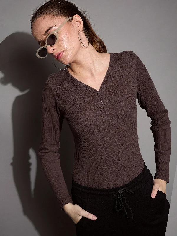 Your Weekend, Your Savings Women Brown Rib V-Neck Full Sleeves Top