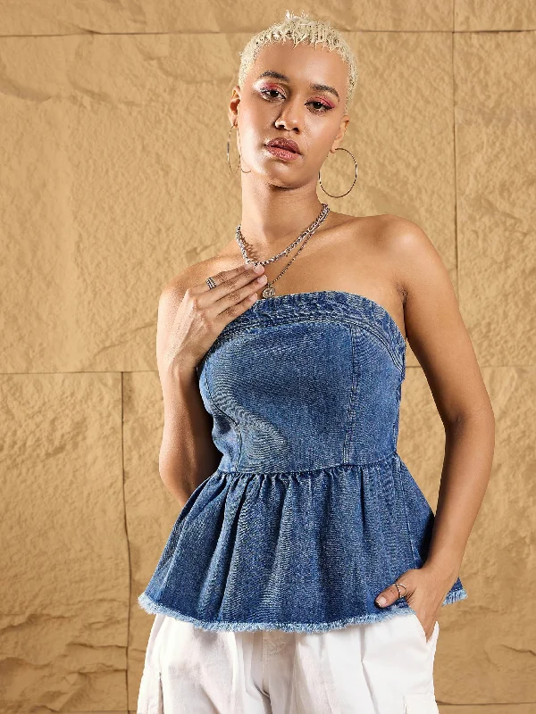 Weekend Specials to Indulge In Women Ice Blue Off Shoulder Peplum Top