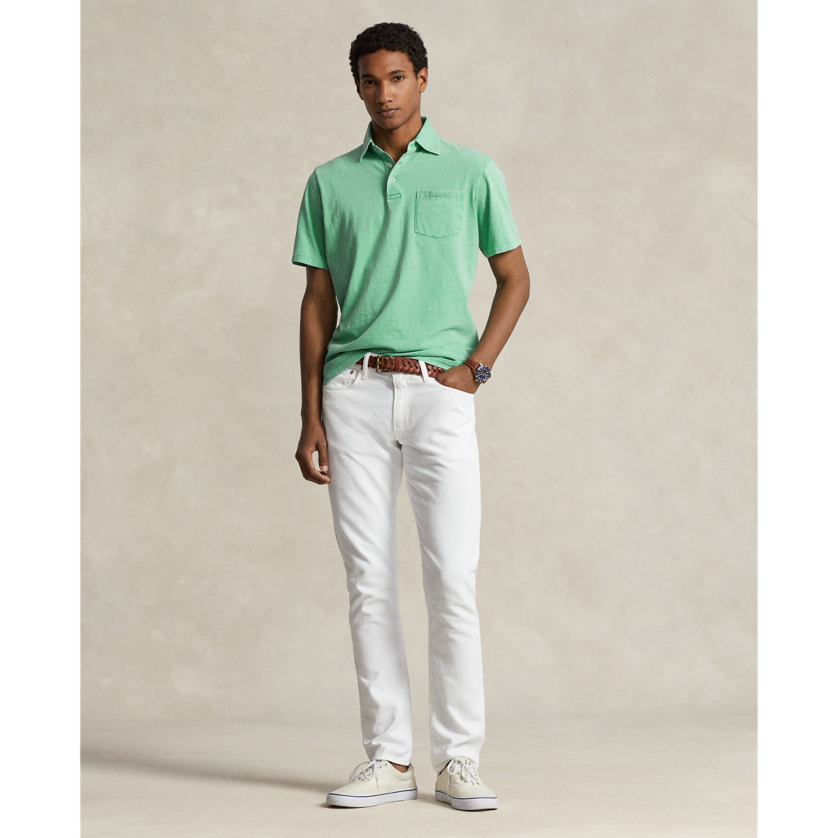 Short Sleeve Cotton Linen Polo with Pocket in Celadon