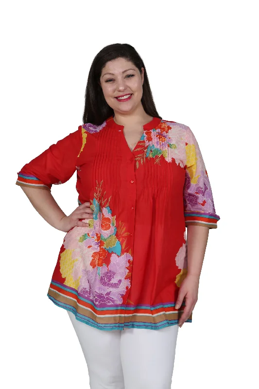 Plus Size Floral Border Print Tunic with Release Pleats