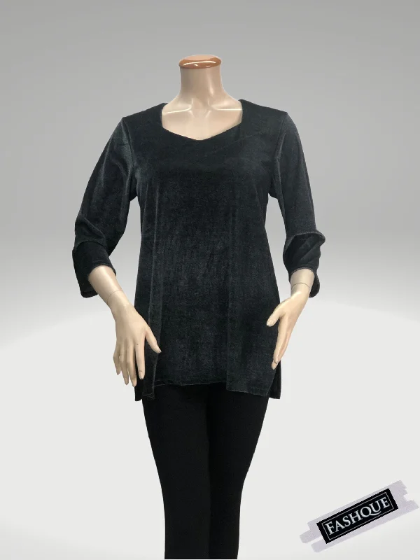 FASHQUE - BOYFRIEND NECKLINE 3/4 SLEEVE VELVET BASIC TOP - T615