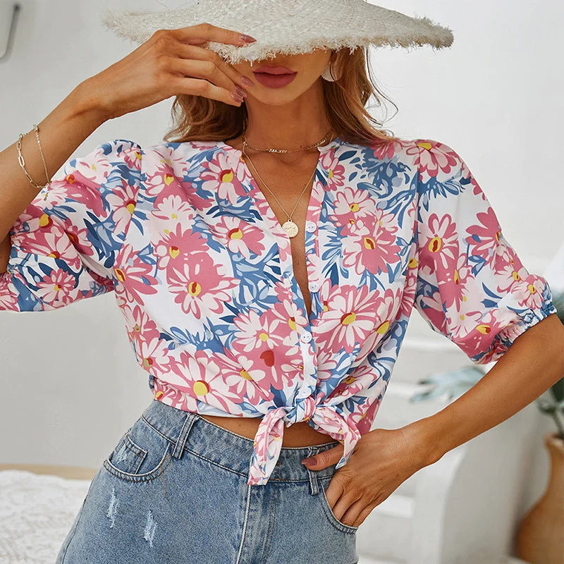 Fashion Floral Tops Loose Casual Single Breasted Womens T Shirts Wholesale