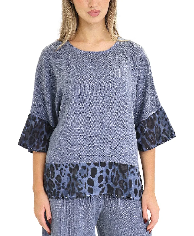 Weekend Savings Bonanza Linen & Cotton Top w/ Leopard Trim