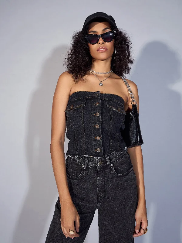 Weekend Offers That Delight Women Black Denim Tube Crop Top