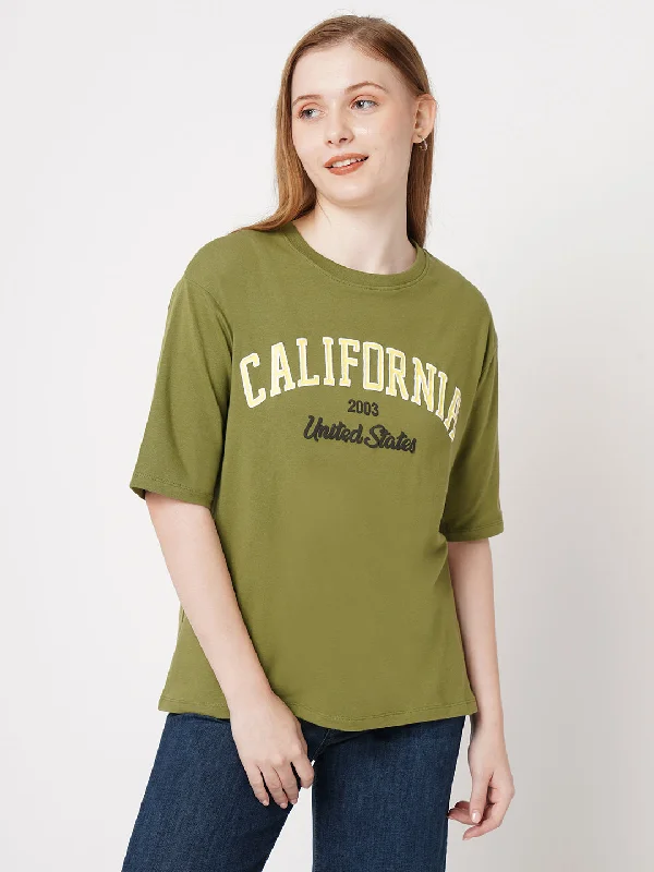 Women Printed Slim Fit OLIVE Tshirts