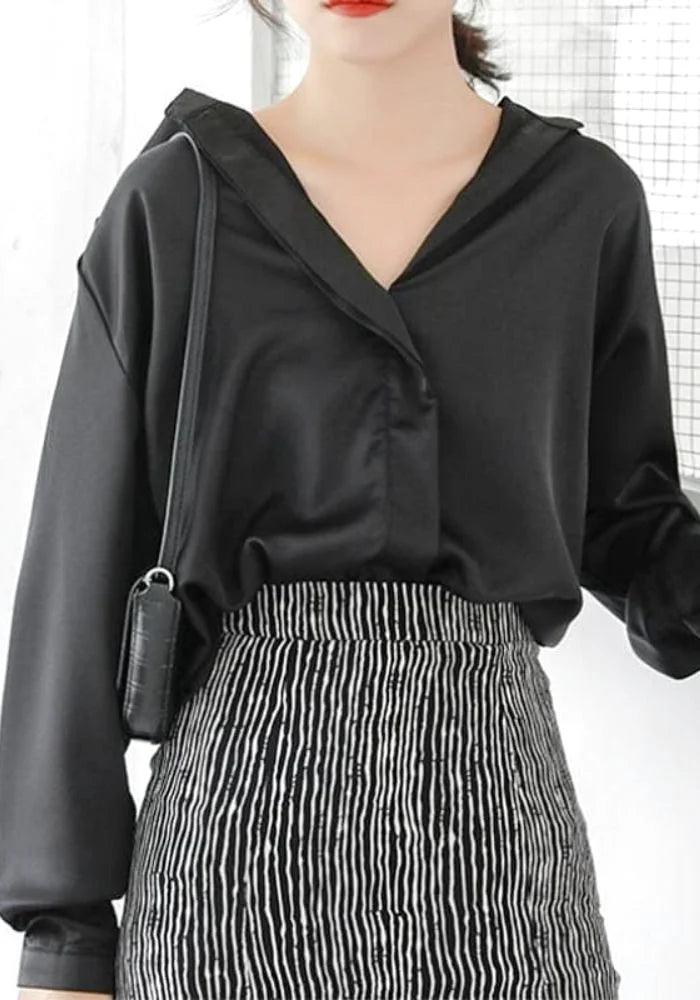 Black Satin Blouse Shirt