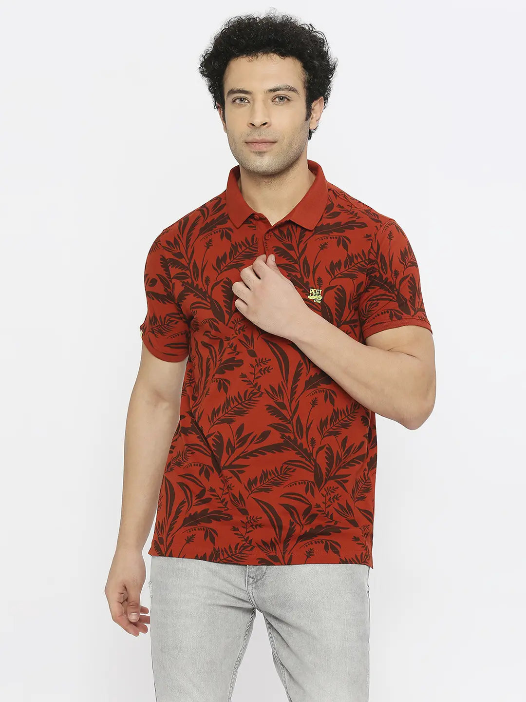 Price Drop Alert Spykar Men Burnt Orange Blended Regular Fit Half Sleeve Floral Print Polo Tshirt Price Drop Alert Spykar Men Burnt Orange Blended Regular Fit Half Sleeve Floral Print Polo Tshirt