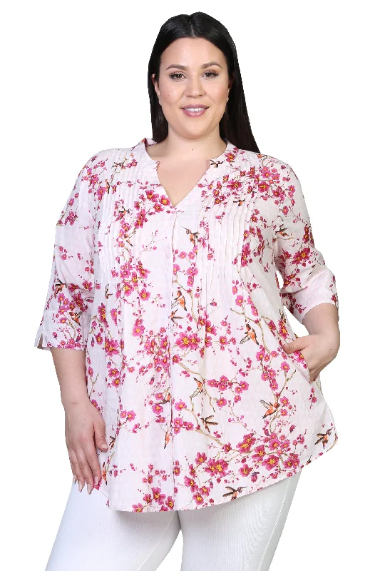 Pleat Front Floral Print Cotton Top - Plus Size