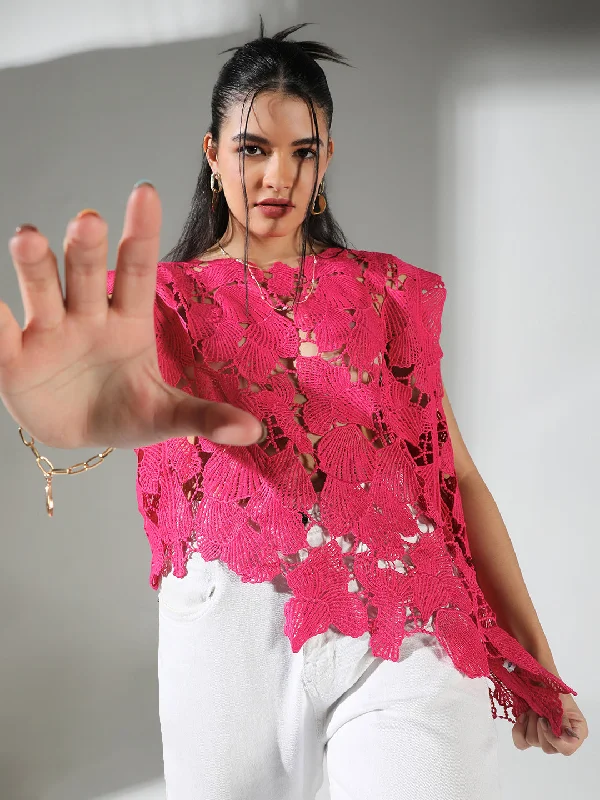 Weekend Specials to Savor Women Pink Floral Crochet Top