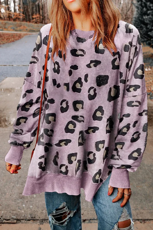 Leopard Print Drop Shoulder Slit Oversized Sweatshirt