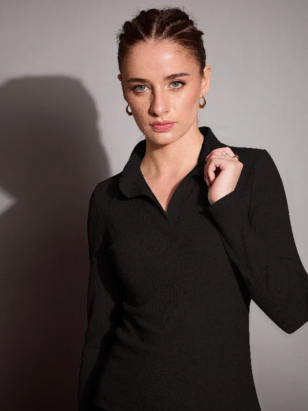 Weekend Savings Spectacle Women Black Rib Polo Neck Top