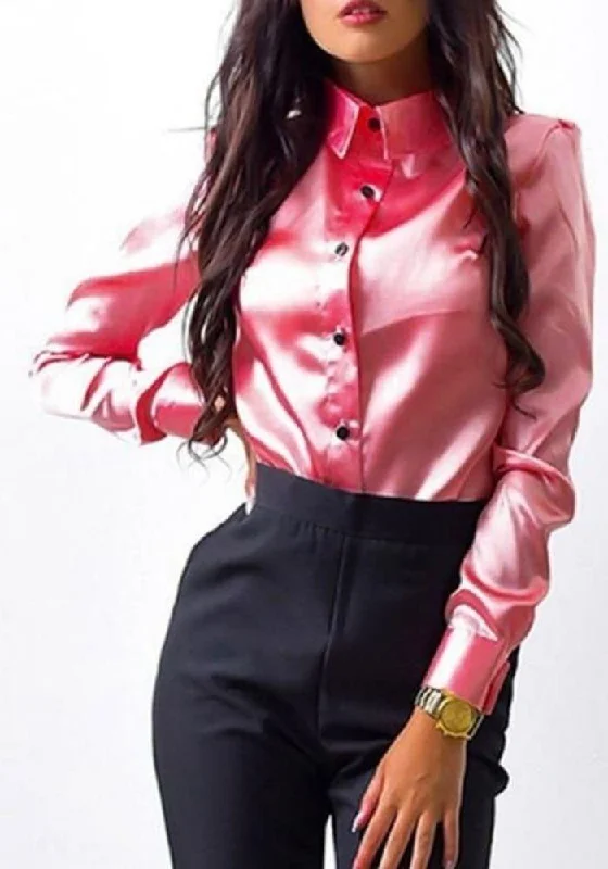 Pink Satin Long Sleeve Blouse